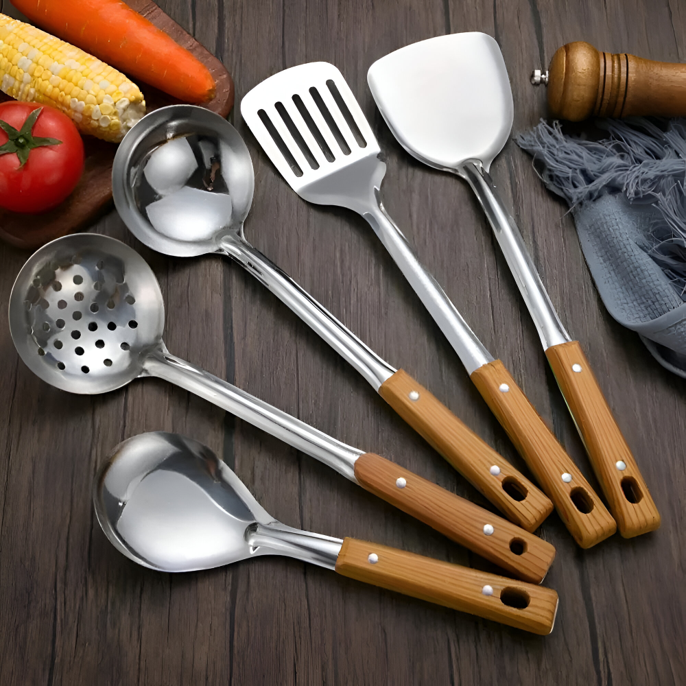 Stainless Steel Kitchen Utensil Set Wooden Handle Cookware Tools