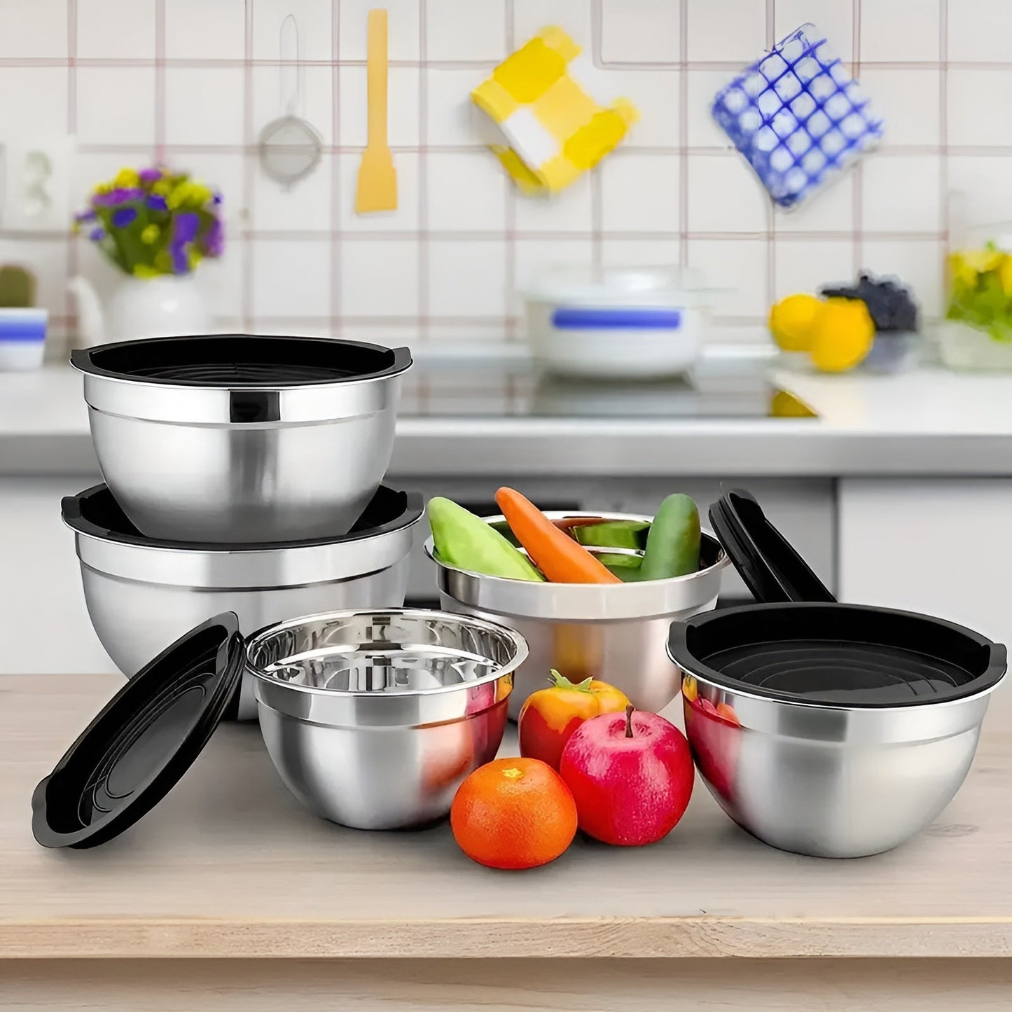 Stainless Steel Mixing Bowl Set Airtight Kitchen Prep Collection