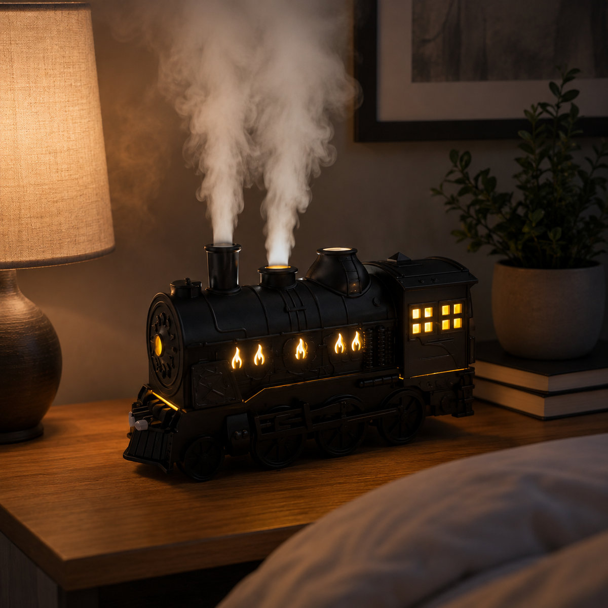 Steam Locomotive Humidifier with Continuous Mist and Ambient Light