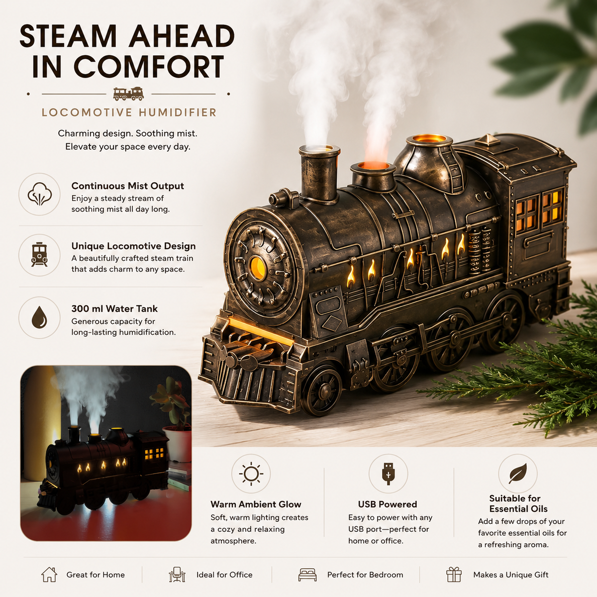 Steam Locomotive Humidifier with Continuous Mist and Ambient Light