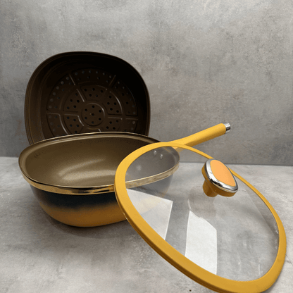 Titanium Non Stick Frying Pan With Steamer Basket Glass Lid 30cm