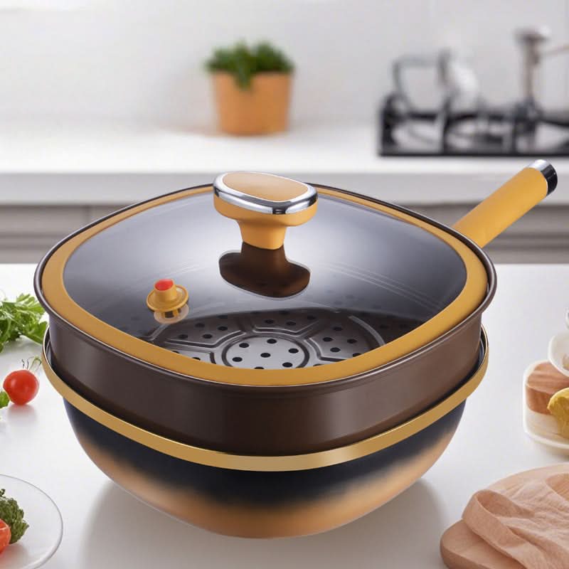 Titanium Non Stick Frying Pan With Steamer Basket Glass Lid 30cm