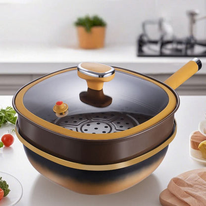 Titanium Non Stick Frying Pan With Steamer Basket Glass Lid 30cm