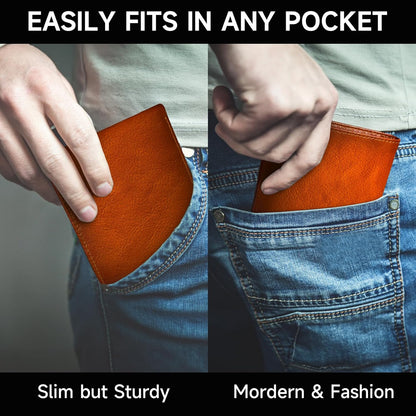 Top-Grain Leather Bifold Wallet Men RFID Blocking Card Cash Organizer
