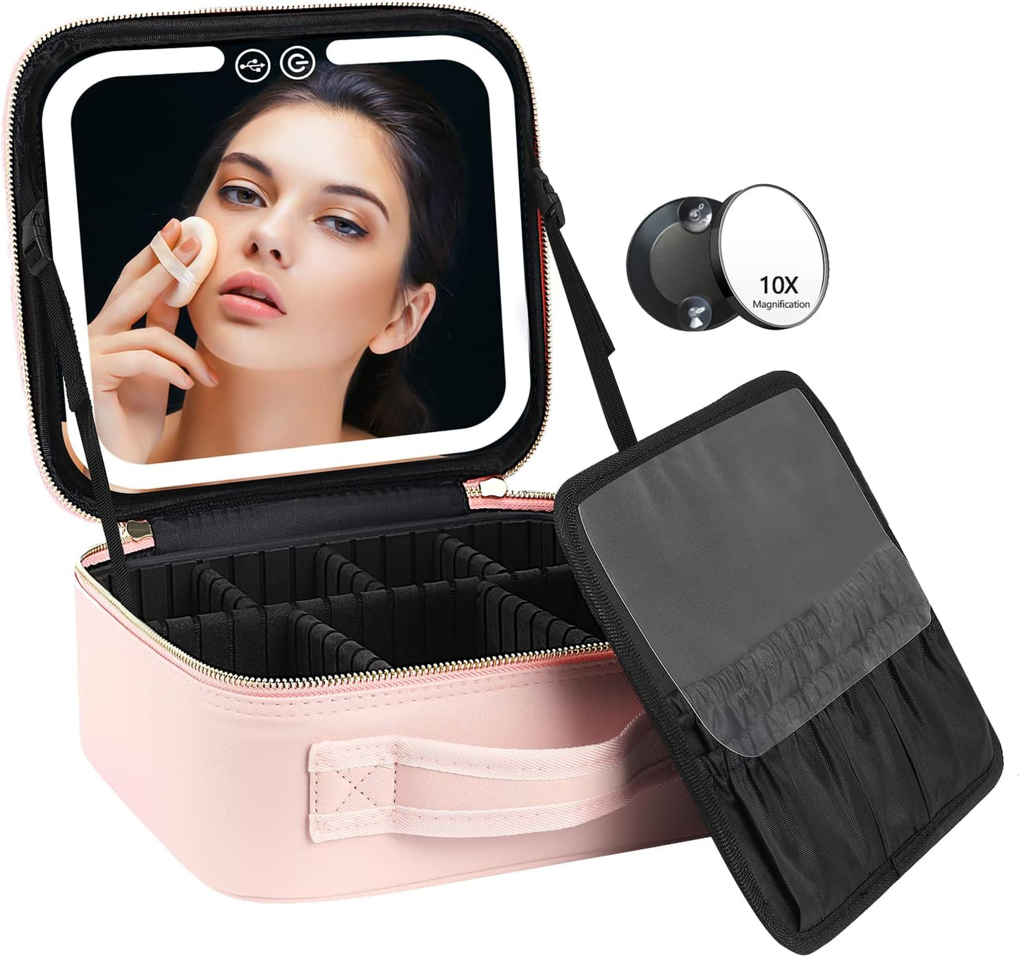 Travel Makeup Organizer with LED Mirror Rechargeable Cosmetic Storage Case