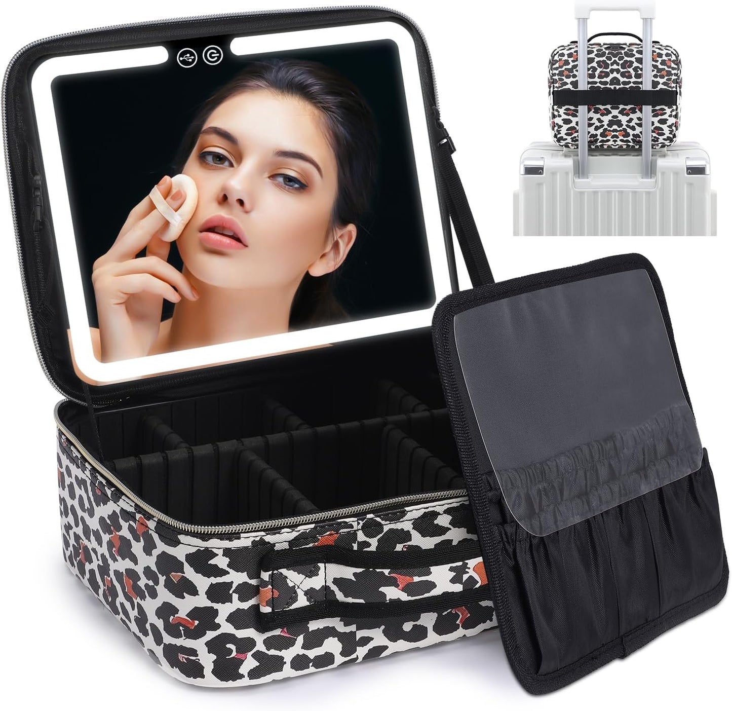 Travel Makeup Organizer with LED Mirror Rechargeable Cosmetic Storage Case