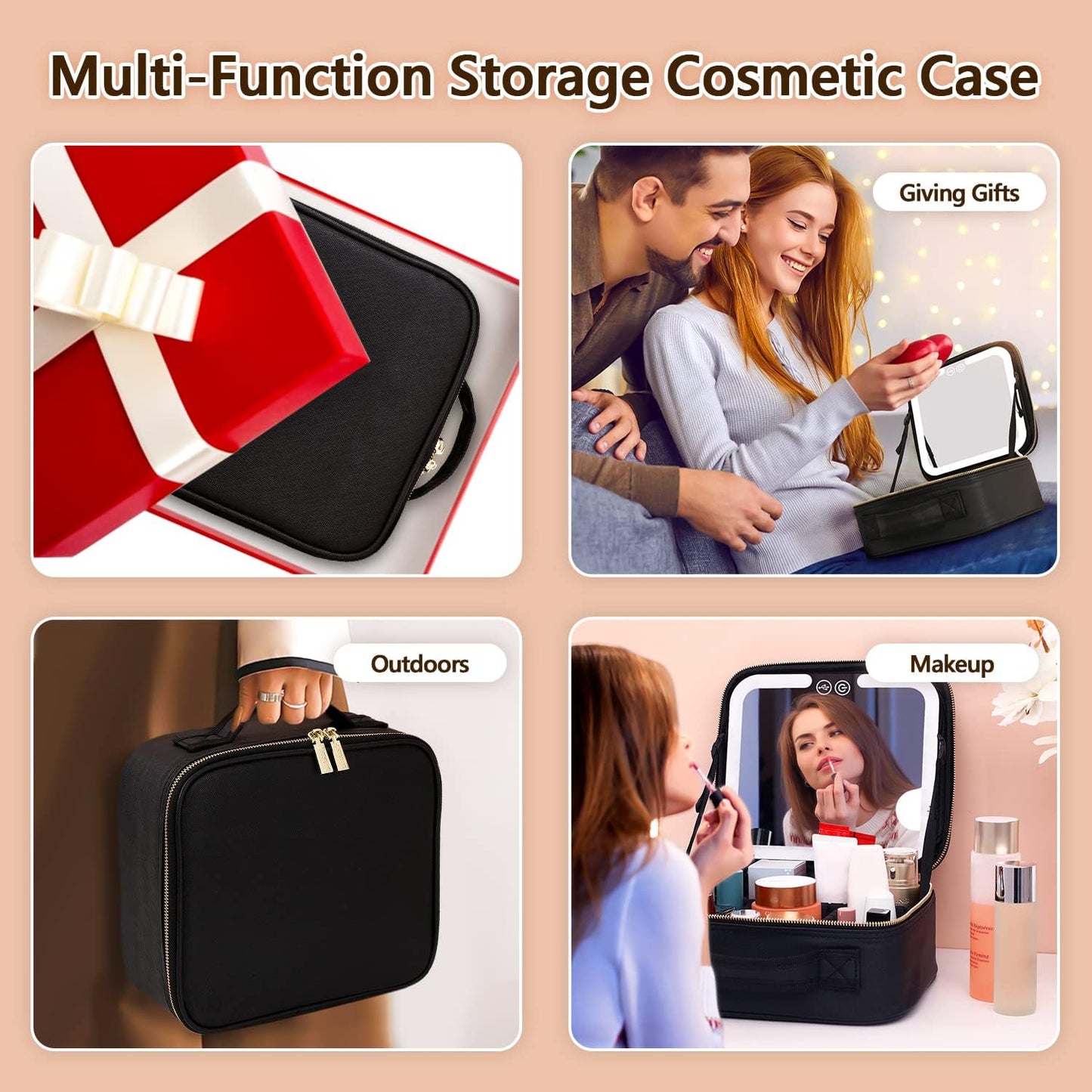 Travel Makeup Organizer with LED Mirror Rechargeable Cosmetic Storage Case