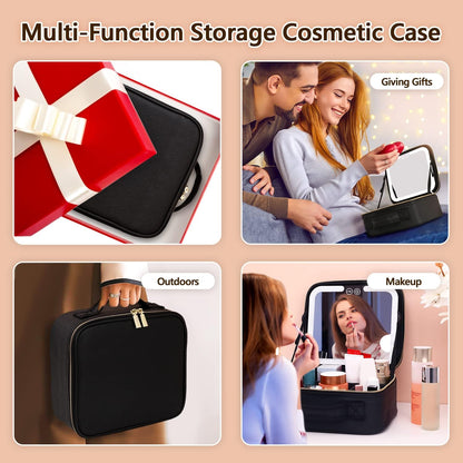 Travel Makeup Organizer with LED Mirror Rechargeable Cosmetic Storage Case