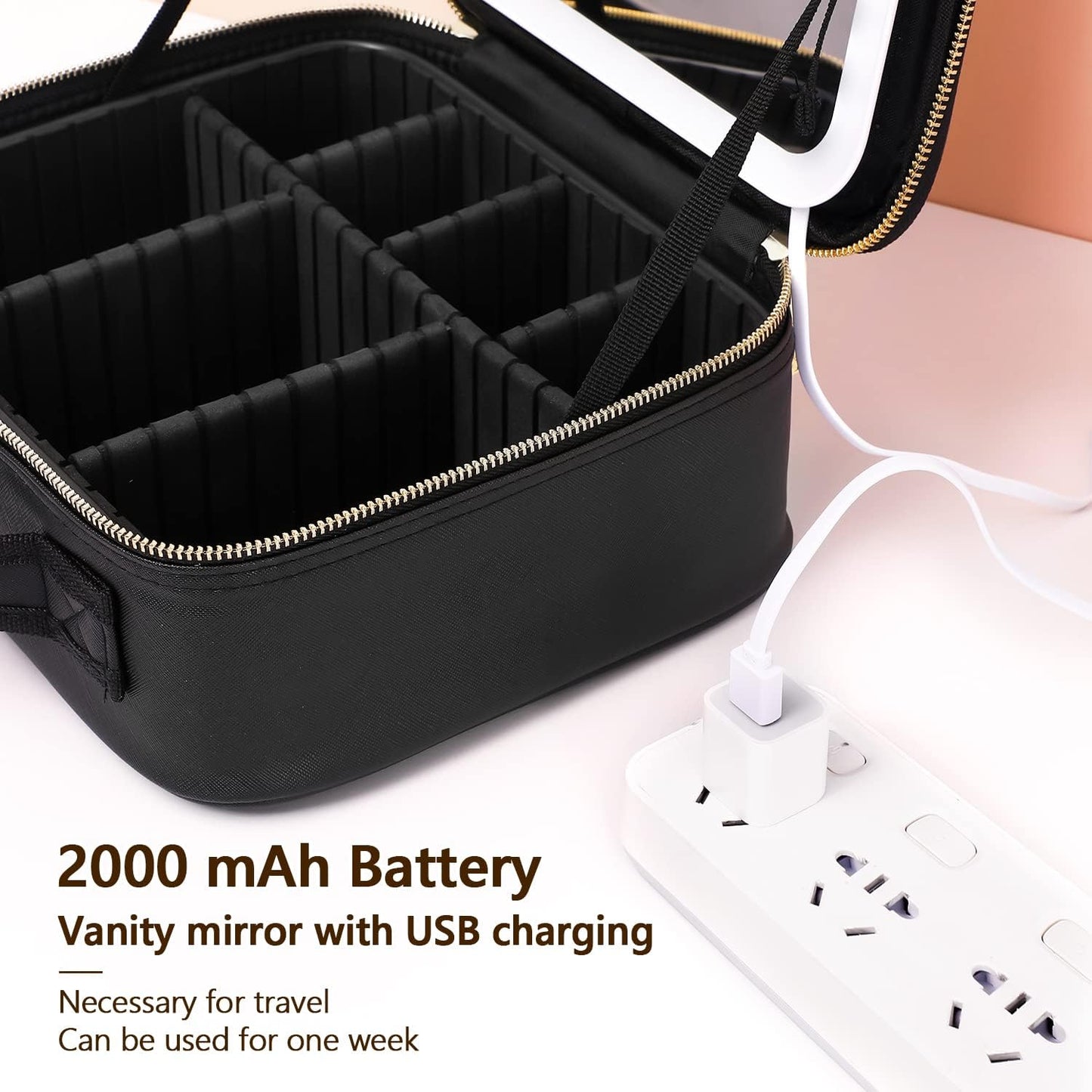Travel Makeup Organizer with LED Mirror Rechargeable Cosmetic Storage Case