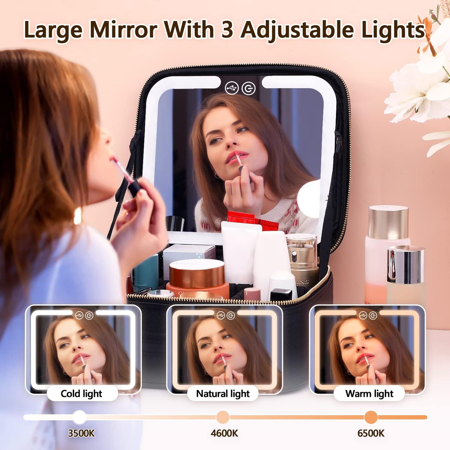 Travel Makeup Organizer with LED Mirror Rechargeable Cosmetic Storage Case