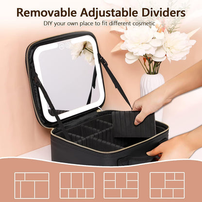 Travel Makeup Organizer with LED Mirror Rechargeable Cosmetic Storage Case