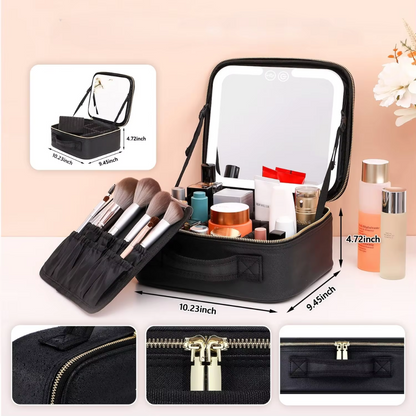 Travel Makeup Organizer with LED Mirror Rechargeable Cosmetic Storage Case
