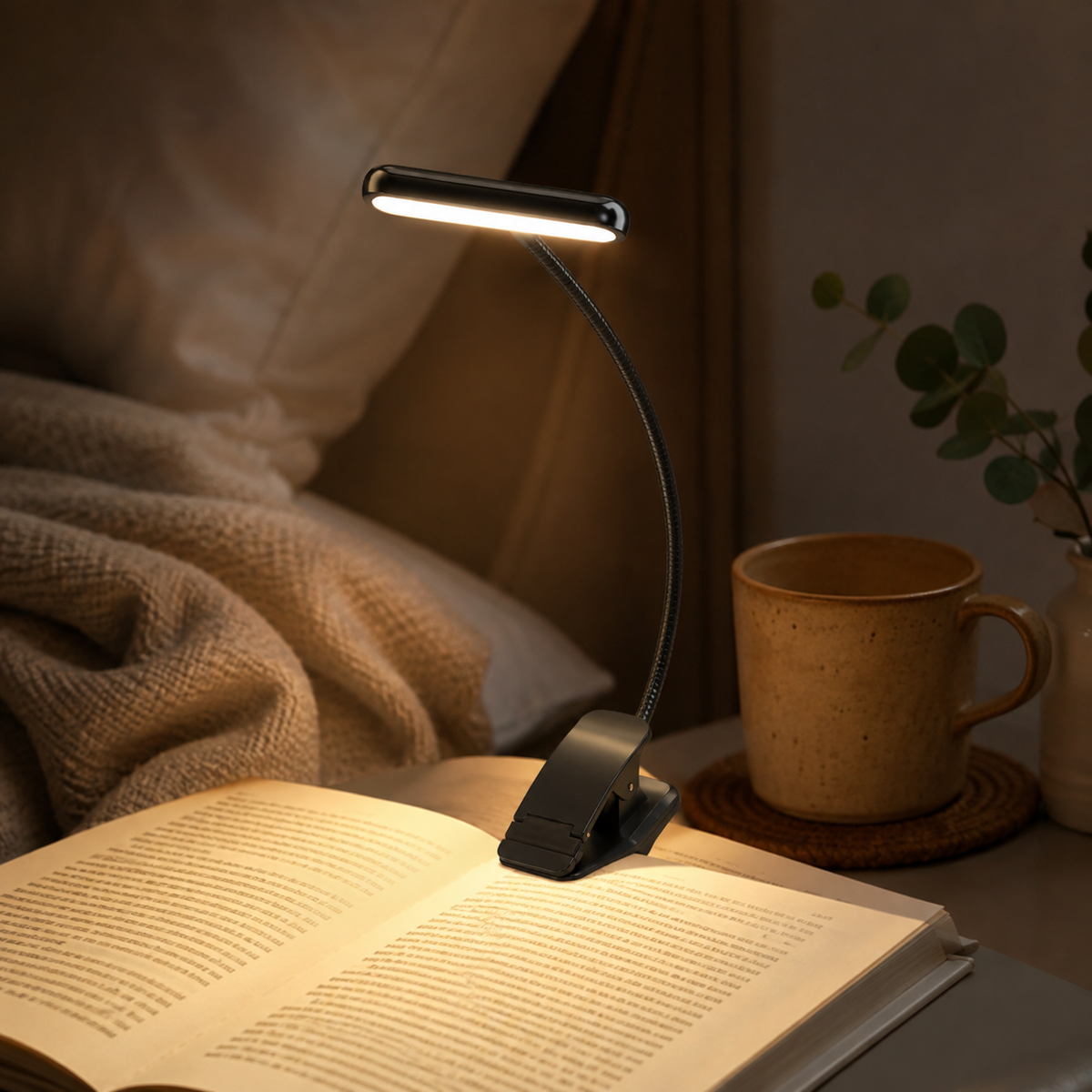 Via USB oplaadbare leeslamp met clip, flexibele zwanenhals en verstelbare ledverlichting