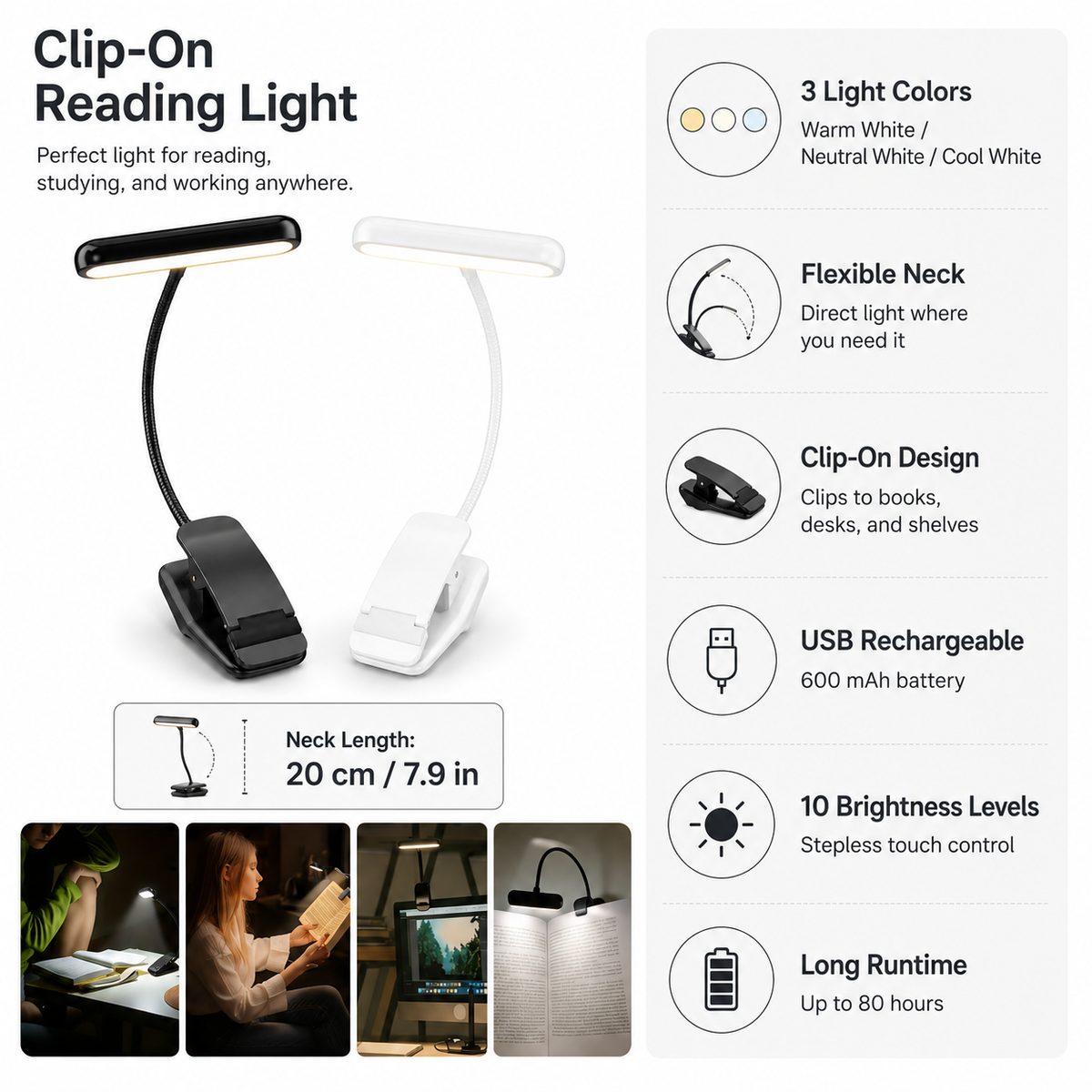 Via USB oplaadbare leeslamp met clip, flexibele zwanenhals en verstelbare ledverlichting