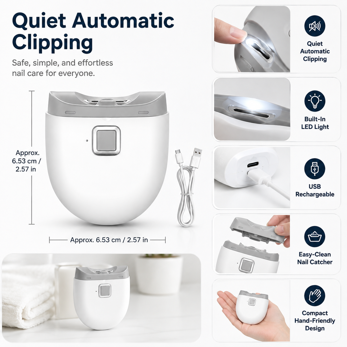 USB Rechargeable Electric Nail Clipper with Automatic Trimming and Built-In LED Light