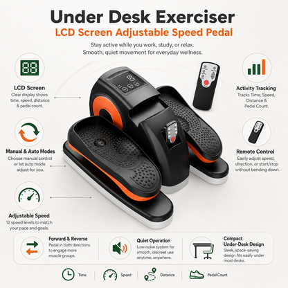Under Desk Pedal Exerciser with LCD Screen, Adjustable Speed and Remote Control