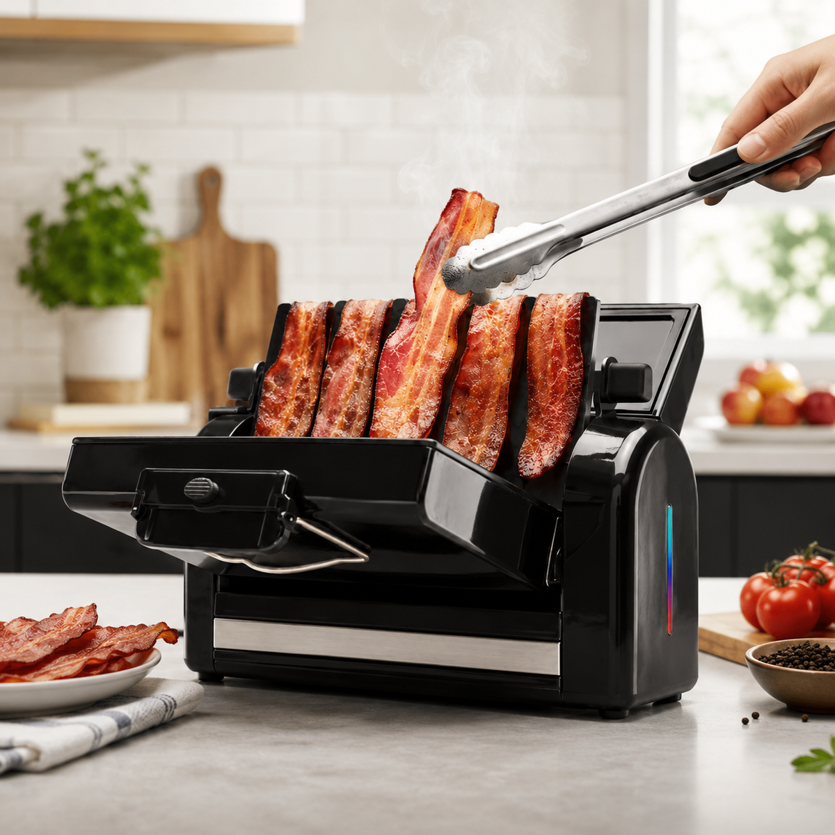Vertical Bacon Toaster and Nonstick Griddle for Countertop Cooking