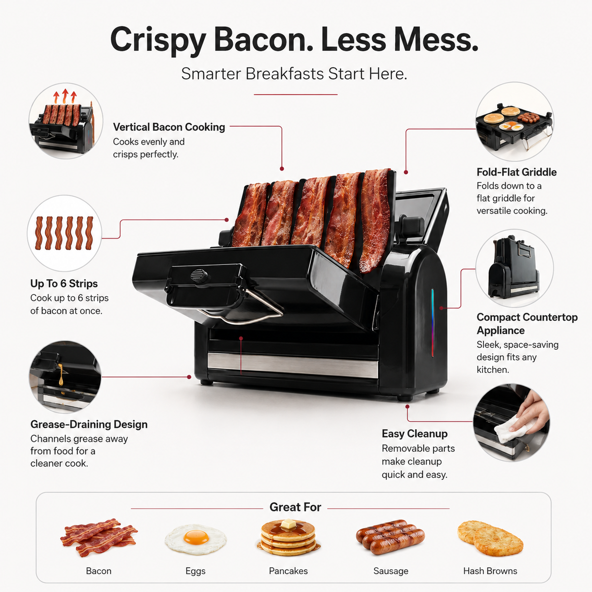 Vertical Bacon Toaster and Nonstick Griddle for Countertop Cooking