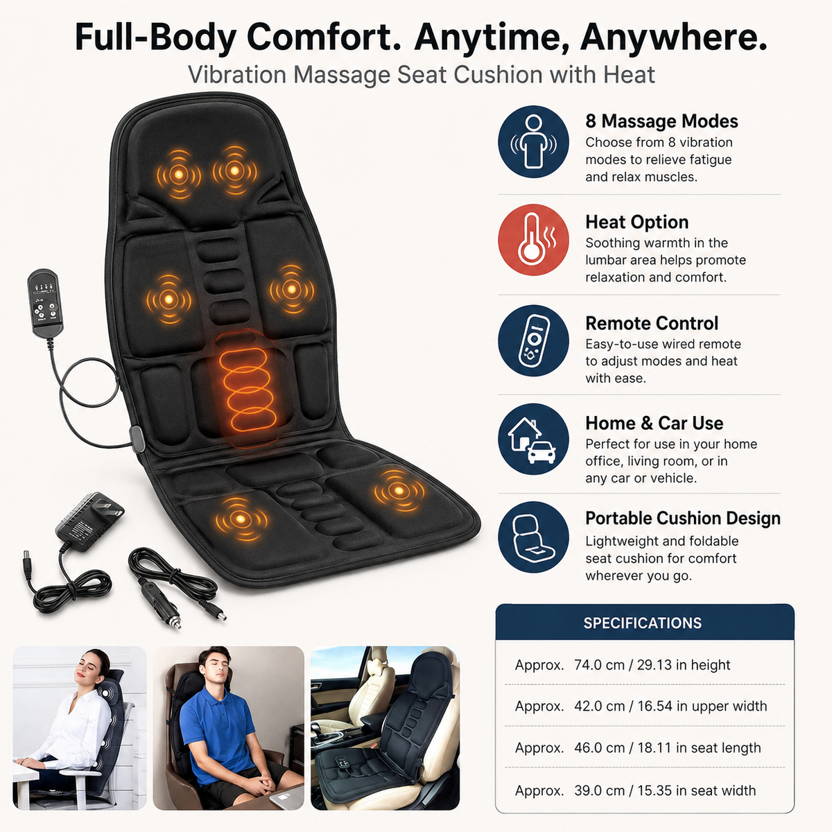 Vibrating Massage Chair Pad with 8 Modes, Heat Function and Remote Control for Car and Home Seats