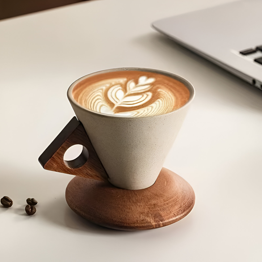 Vintage Ceramic Coffee Cup Set Wooden Handle Espresso Cups