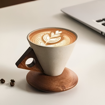Vintage Ceramic Coffee Cup Set Wooden Handle Espresso Cups