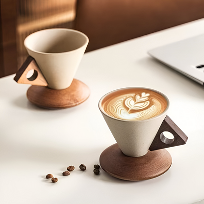 Vintage Ceramic Coffee Cup Set Wooden Handle Espresso Cups