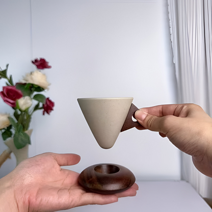Vintage Ceramic Coffee Cup Set Wooden Handle Espresso Cups