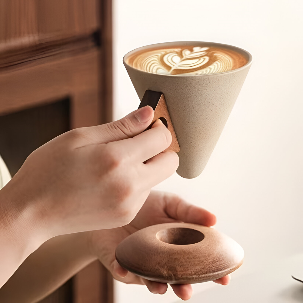 Vintage Ceramic Coffee Cup Set Wooden Handle Espresso Cups