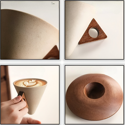 Vintage Ceramic Coffee Cup Set Wooden Handle Espresso Cups