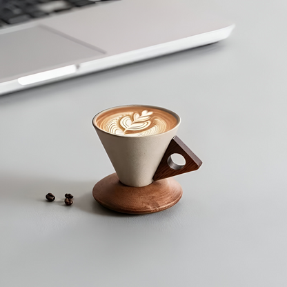 Vintage Ceramic Coffee Cup Set Wooden Handle Espresso Cups