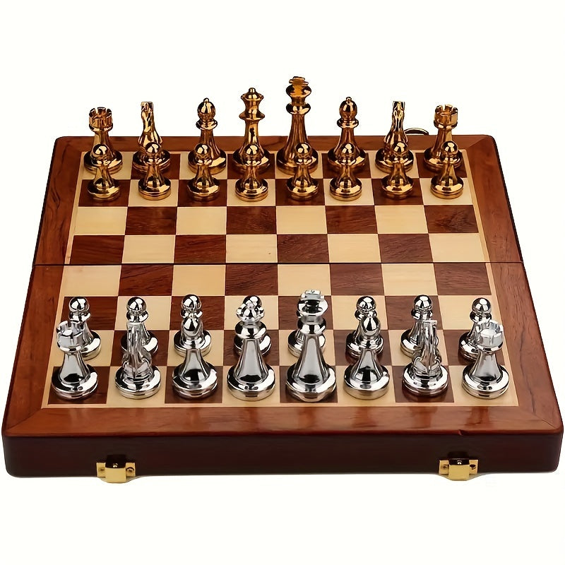Vintage Chess Set Wooden Folding Board Metal Pieces Strategy Game