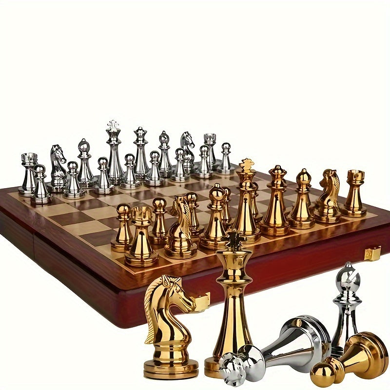 Vintage Chess Set Wooden Folding Board Metal Pieces Strategy Game