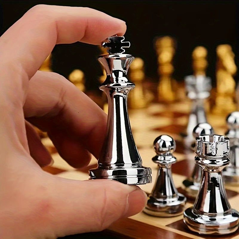 Vintage Chess Set Wooden Folding Board Metal Pieces Strategy Game