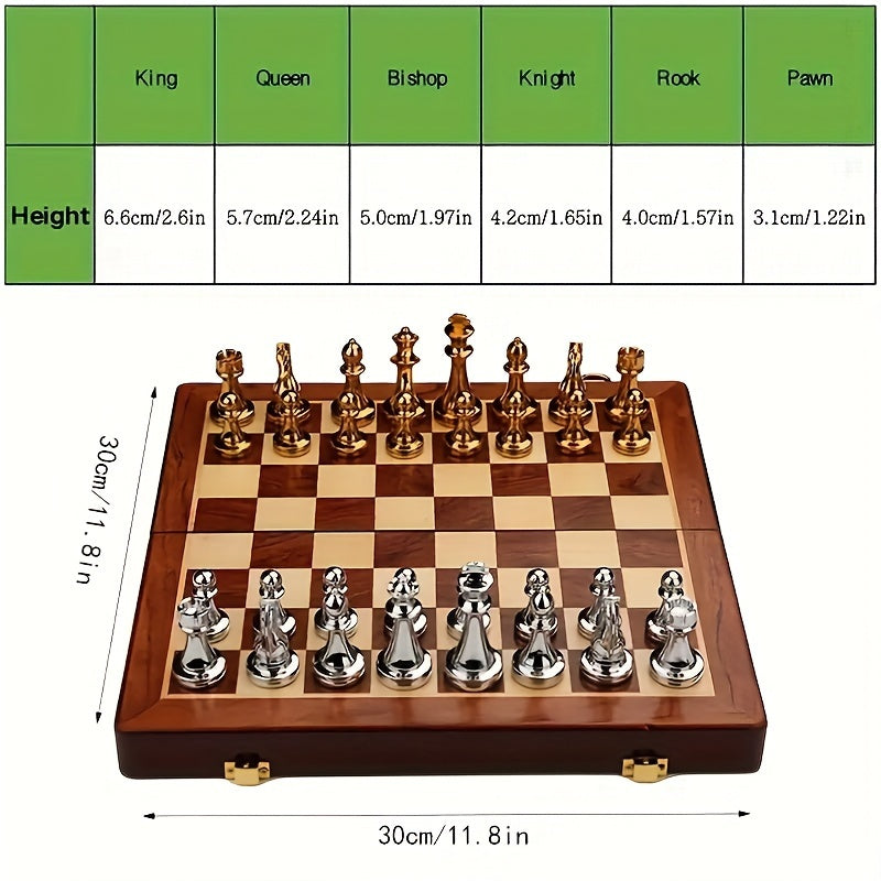 Vintage Chess Set Wooden Folding Board Metal Pieces Strategy Game