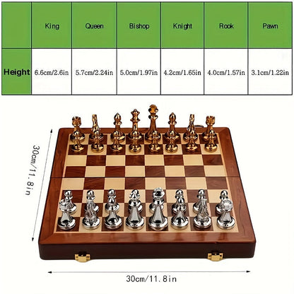 Vintage Chess Set Wooden Folding Board Metal Pieces Strategy Game