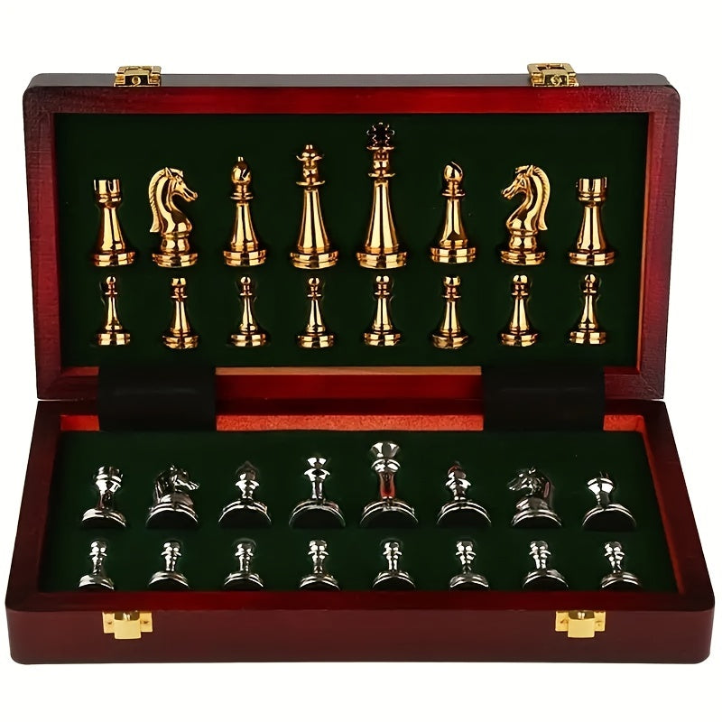 Vintage Chess Set Wooden Folding Board Metal Pieces Strategy Game