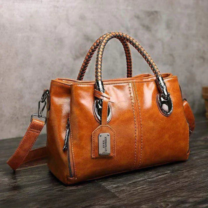 Vintage Leather Tote Bag Braided Handle Shoulder Purse