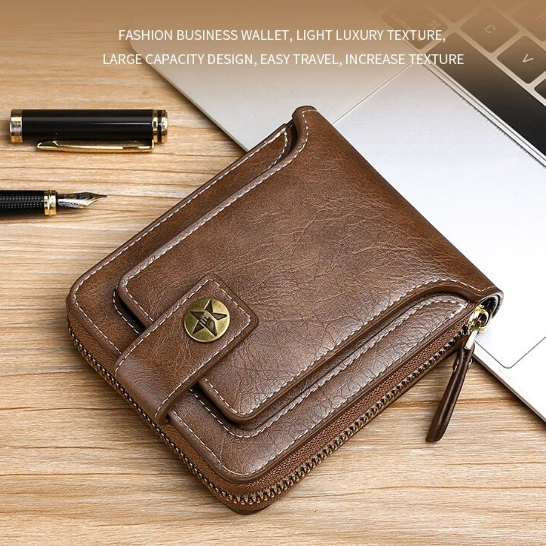 Vintage Leather Wallet with Card Holder Coin Pocket and Zip Closure