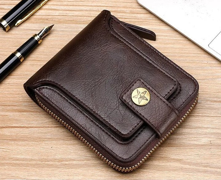 Vintage Leather Wallet with Card Holder Coin Pocket and Zip Closure