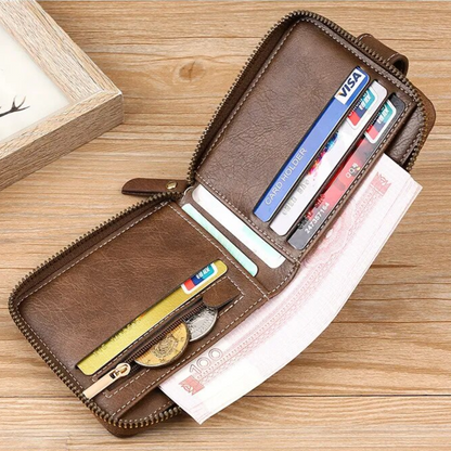 Vintage Leather Wallet with Card Holder Coin Pocket and Zip Closure