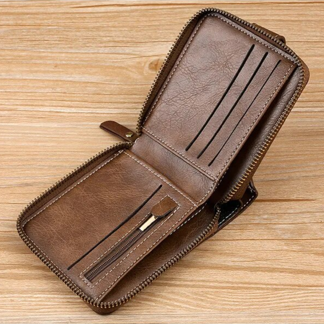 Vintage Leather Wallet with Card Holder Coin Pocket and Zip Closure