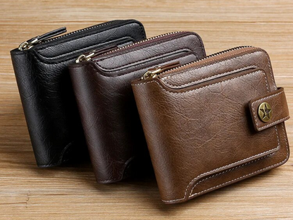 Vintage Leather Wallet with Card Holder Coin Pocket and Zip Closure