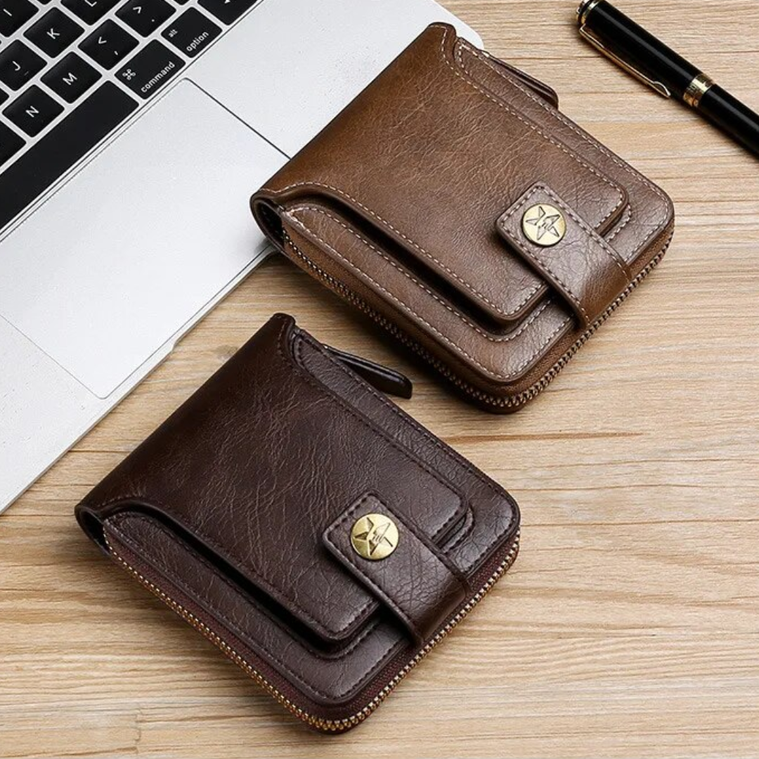 Vintage Leather Wallet with Card Holder Coin Pocket and Zip Closure