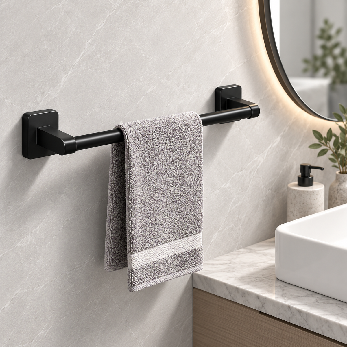 Wall-Mounted Aluminum Bathroom Towel Holder with Self-Adhesive Installation