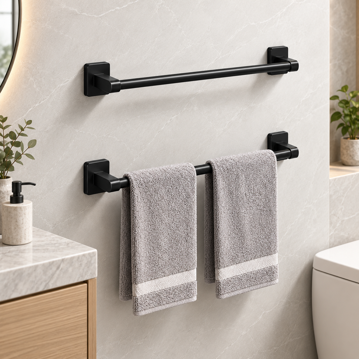 Wall-Mounted Aluminum Bathroom Towel Holder with Self-Adhesive Installation