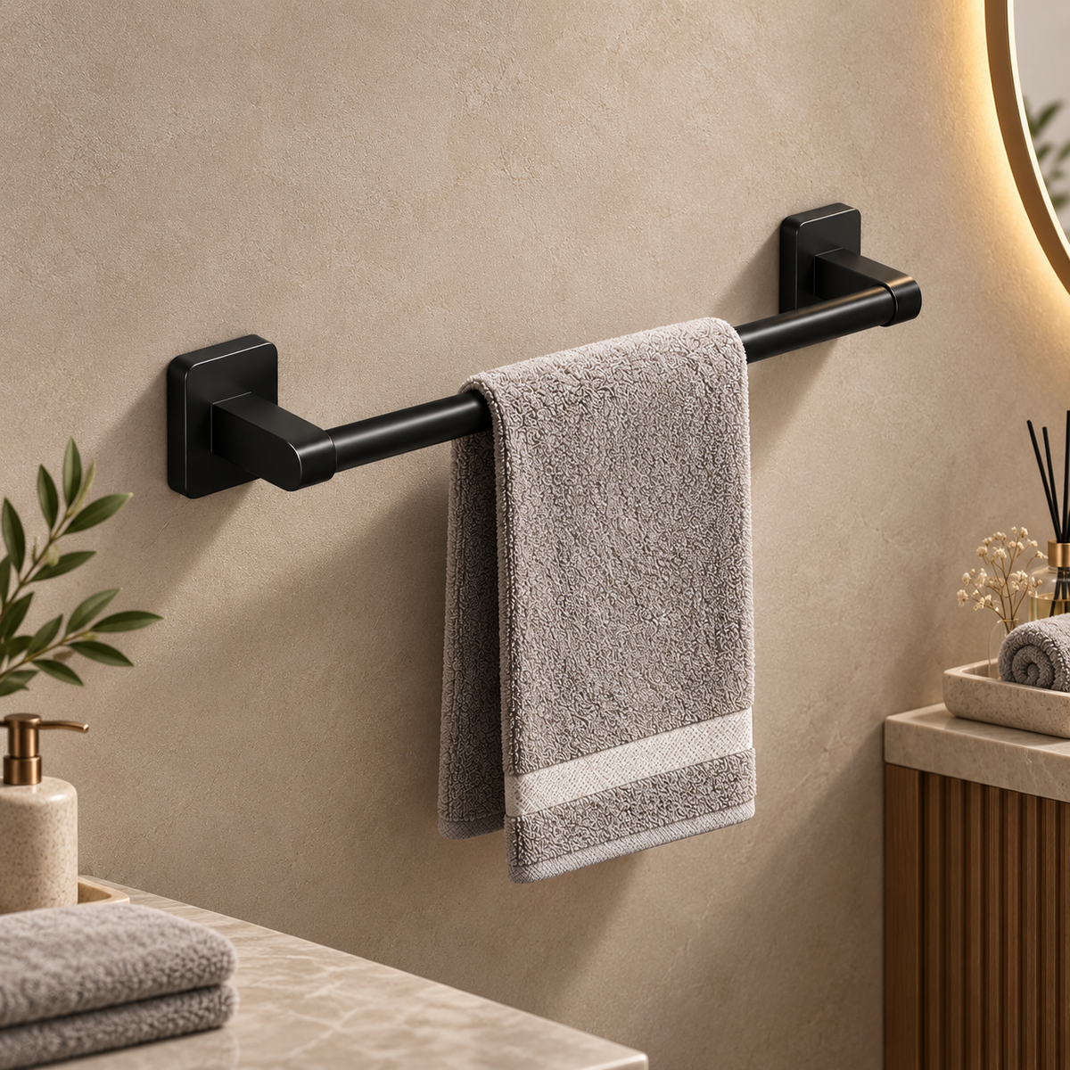 Wall-Mounted Aluminum Bathroom Towel Holder with Self-Adhesive Installation