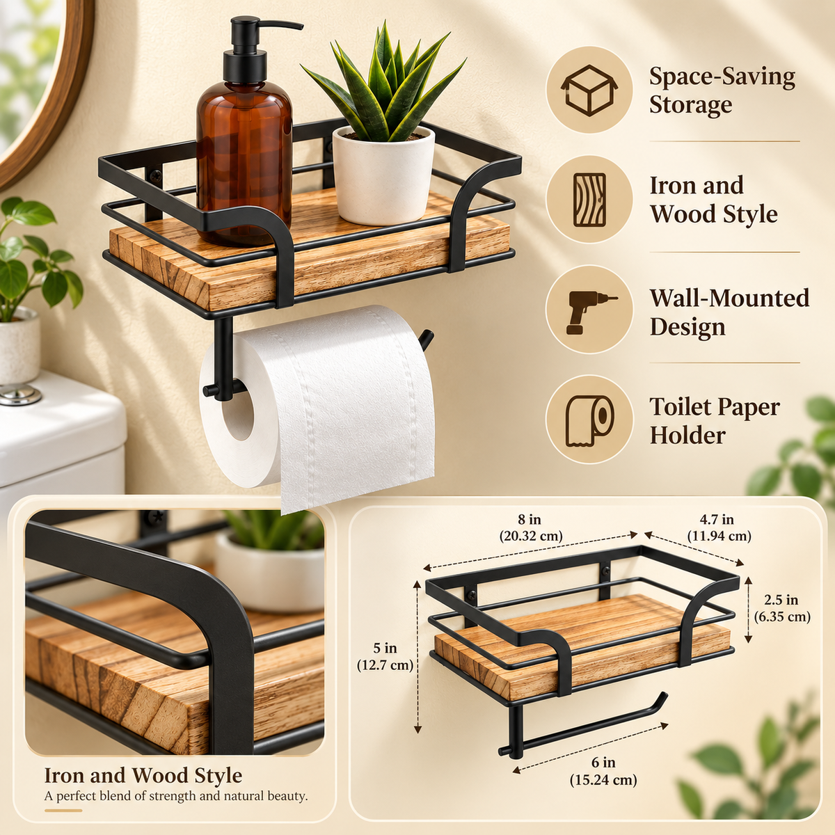 Wall-Mounted Bathroom Shelf with Towel Holder and Wrought Iron Design