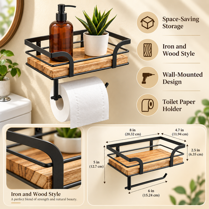 Wall-Mounted Bathroom Shelf with Towel Holder and Wrought Iron Design