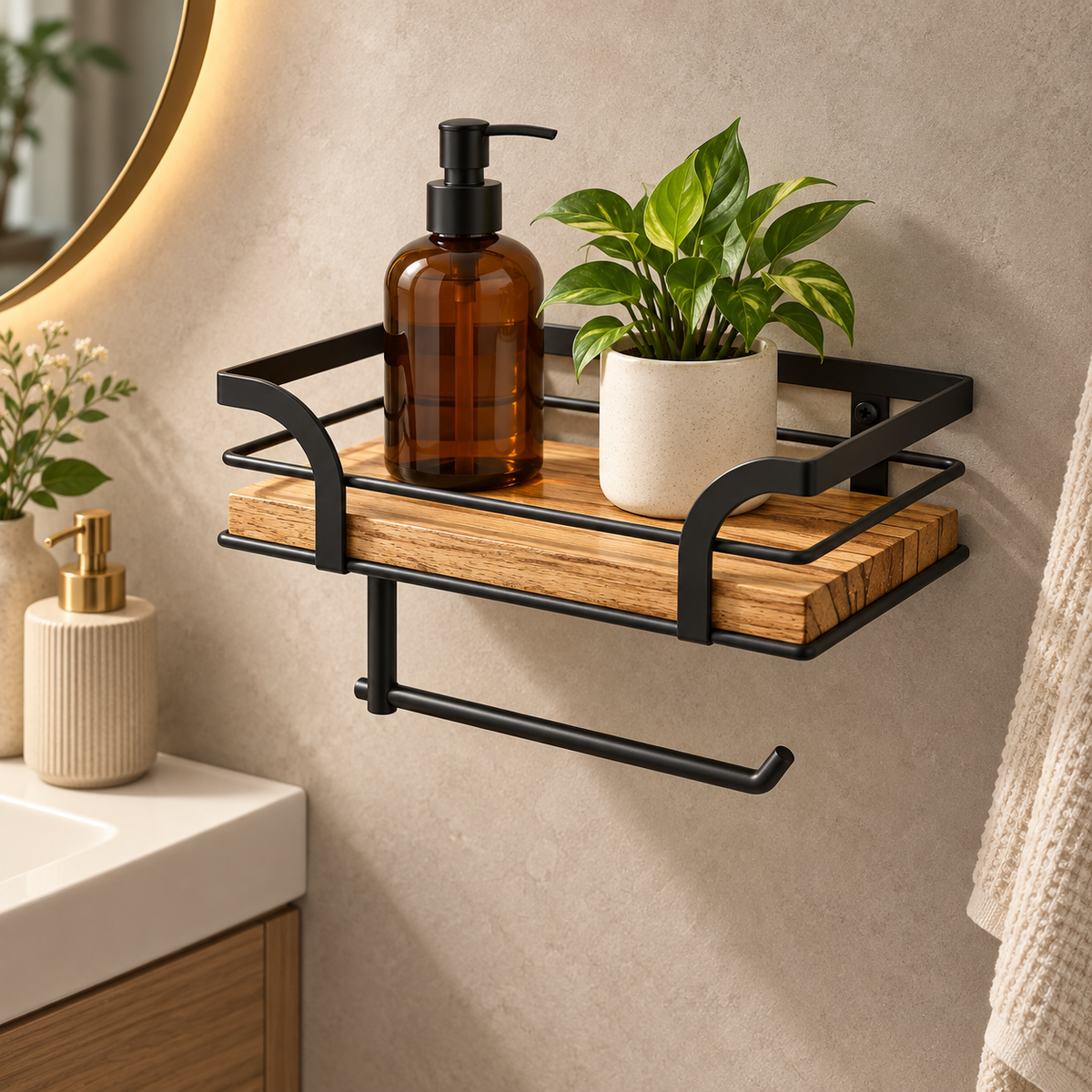 Wall-Mounted Bathroom Shelf with Towel Holder and Wrought Iron Design