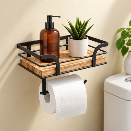 Wall-Mounted Bathroom Shelf with Towel Holder and Wrought Iron Design